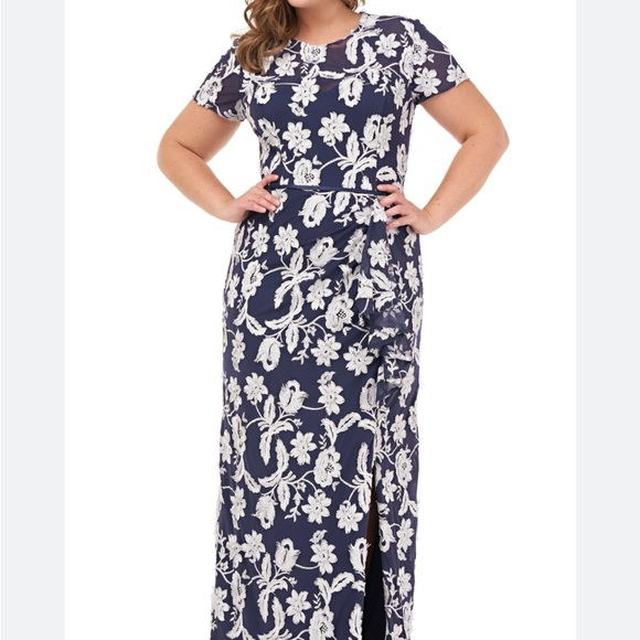 JS Collections‎ Floral Embroidered Ruffle Drape Column Gown In Navy Size 12 new - Picture 1 of 14